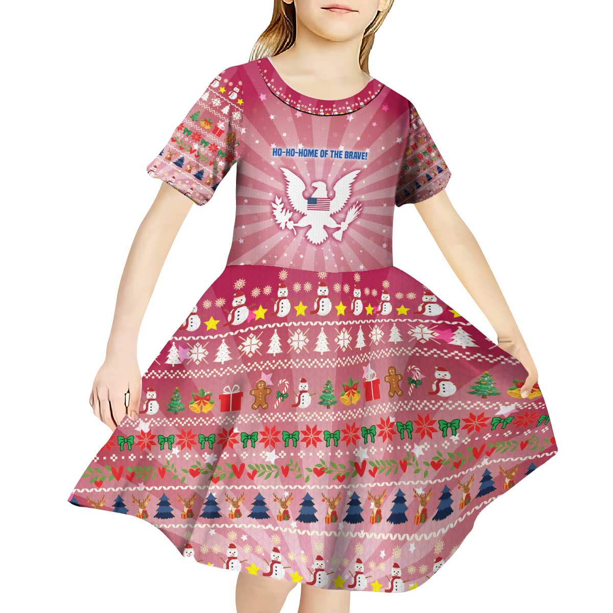 USA Christmas Kid Short Sleeve Dress with Bald Eagle Seal Pink Starburst Pattern and Festive Holiday Icons - Wonder Print Shop