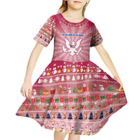 USA Christmas Kid Short Sleeve Dress with Bald Eagle Seal Pink Starburst Pattern and Festive Holiday Icons - Wonder Print Shop