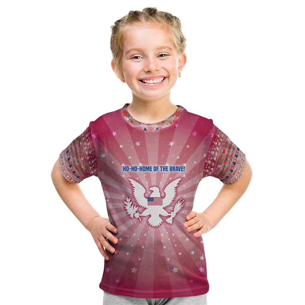 USA Christmas Kid T Shirt with Bald Eagle Seal Pink Starburst Pattern and Festive Holiday Icons - Wonder Print Shop