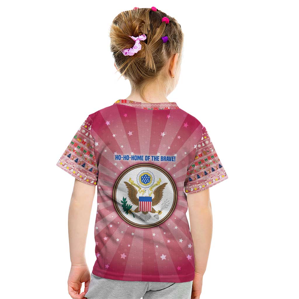 USA Christmas Kid T Shirt with Bald Eagle Seal Pink Starburst Pattern and Festive Holiday Icons - Wonder Print Shop