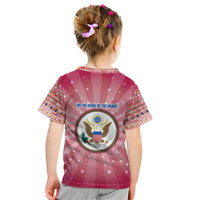 USA Christmas Kid T Shirt with Bald Eagle Seal Pink Starburst Pattern and Festive Holiday Icons - Wonder Print Shop