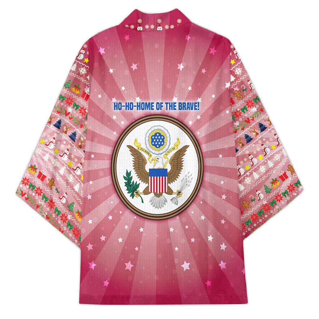 USA Christmas Kimono with Bald Eagle Seal Pink Starburst Pattern and Festive Holiday Icons - Wonder Print Shop