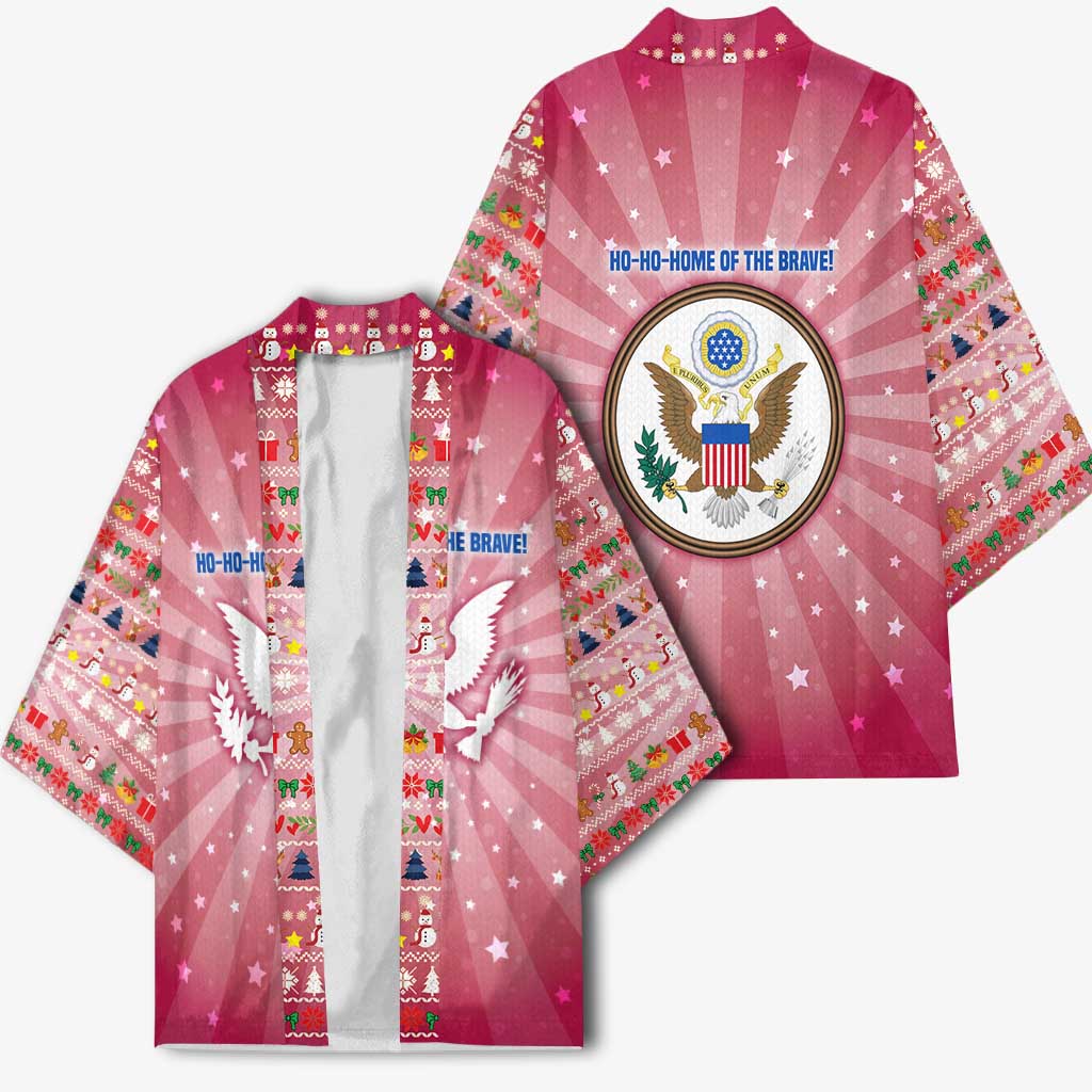 USA Christmas Kimono with Bald Eagle Seal Pink Starburst Pattern and Festive Holiday Icons - Wonder Print Shop