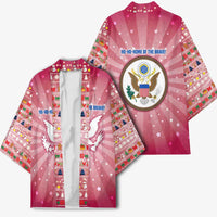 USA Christmas Kimono with Bald Eagle Seal Pink Starburst Pattern and Festive Holiday Icons - Wonder Print Shop