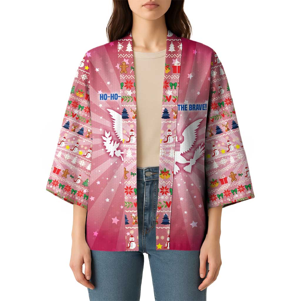 USA Christmas Kimono with Bald Eagle Seal Pink Starburst Pattern and Festive Holiday Icons - Wonder Print Shop