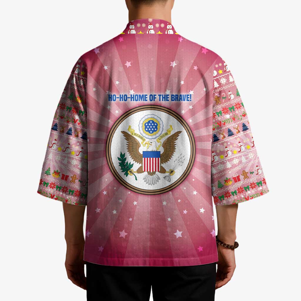 USA Christmas Kimono with Bald Eagle Seal Pink Starburst Pattern and Festive Holiday Icons - Wonder Print Shop