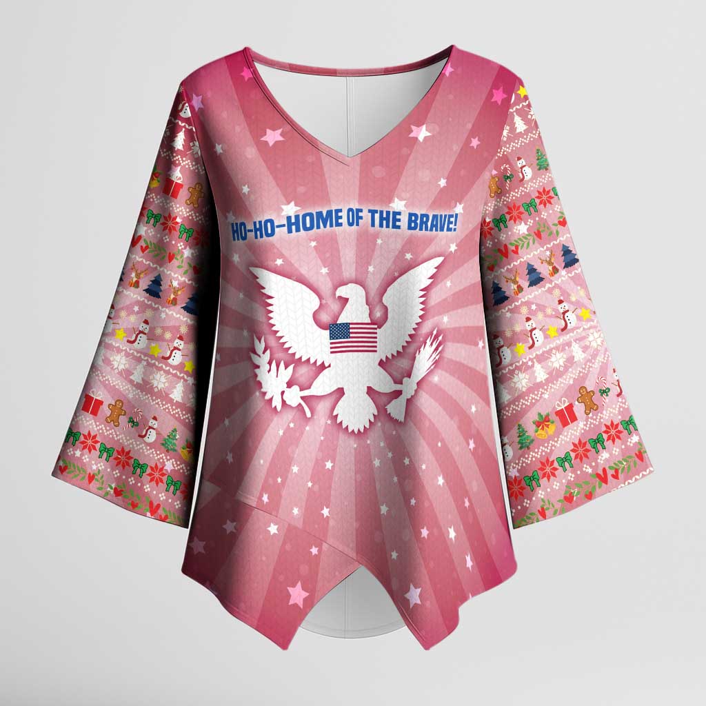 USA Christmas Kimono Sleeve Blouse with Bald Eagle Seal Pink Starburst Pattern and Festive Holiday Icons - Wonder Print Shop