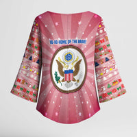 USA Christmas Kimono Sleeve Blouse with Bald Eagle Seal Pink Starburst Pattern and Festive Holiday Icons - Wonder Print Shop