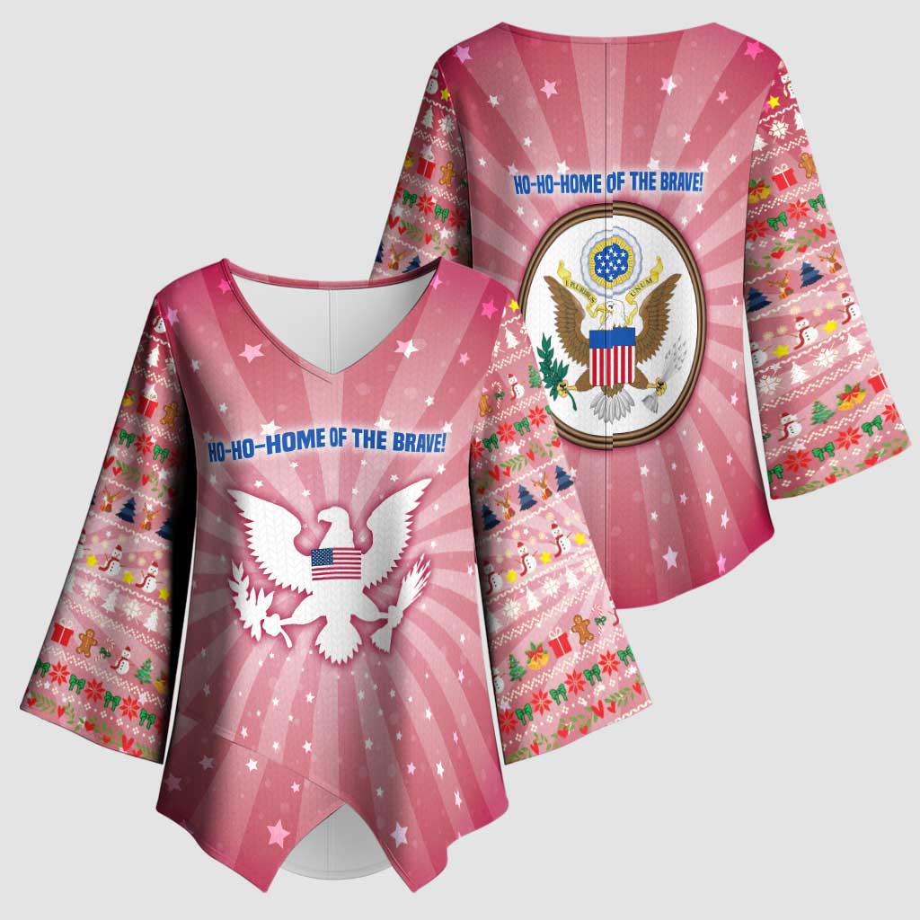 USA Christmas Kimono Sleeve Blouse with Bald Eagle Seal Pink Starburst Pattern and Festive Holiday Icons - Wonder Print Shop