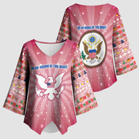 USA Christmas Kimono Sleeve Blouse with Bald Eagle Seal Pink Starburst Pattern and Festive Holiday Icons - Wonder Print Shop