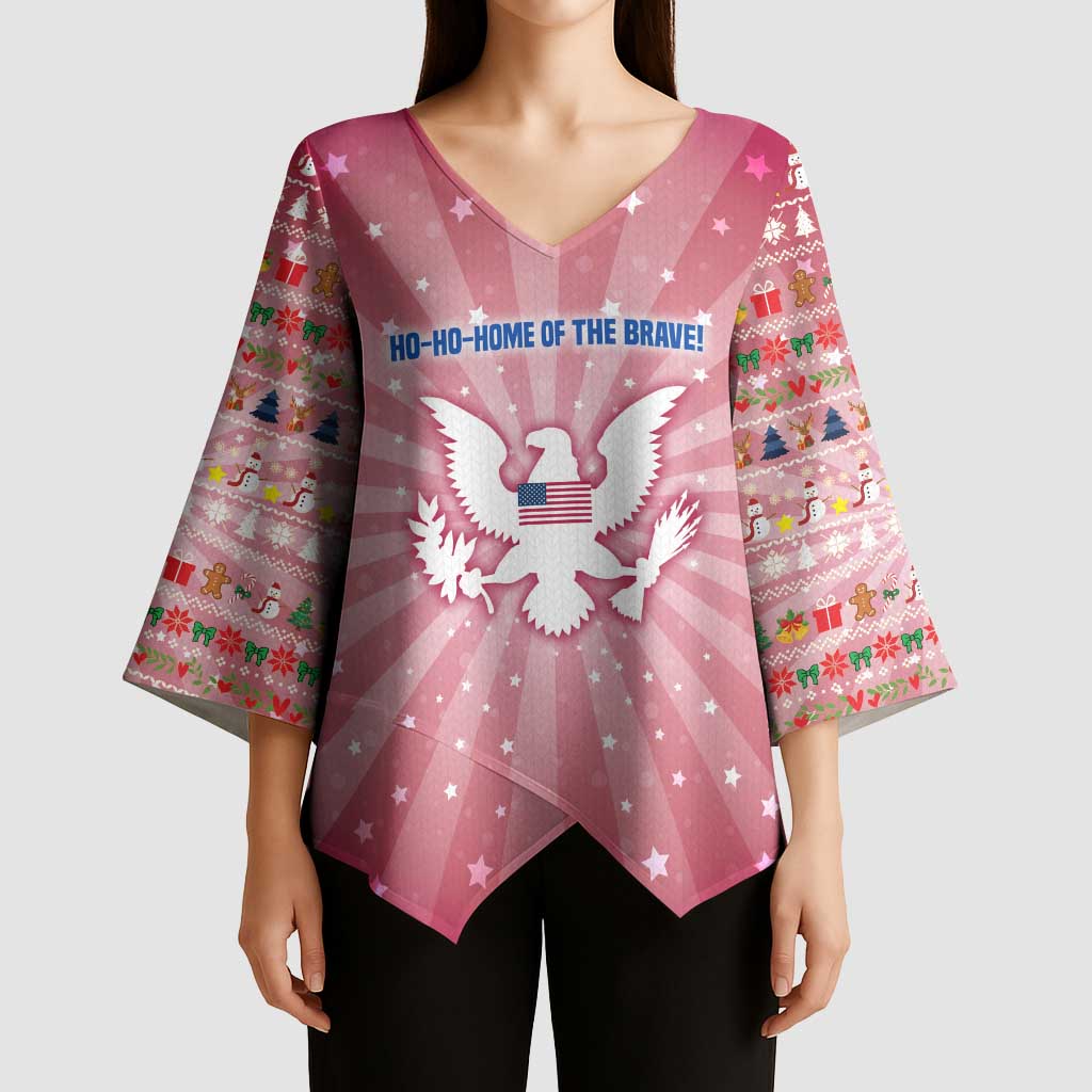 USA Christmas Kimono Sleeve Blouse with Bald Eagle Seal Pink Starburst Pattern and Festive Holiday Icons - Wonder Print Shop