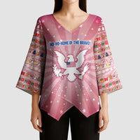 USA Christmas Kimono Sleeve Blouse with Bald Eagle Seal Pink Starburst Pattern and Festive Holiday Icons - Wonder Print Shop