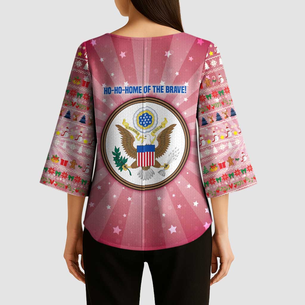 USA Christmas Kimono Sleeve Blouse with Bald Eagle Seal Pink Starburst Pattern and Festive Holiday Icons - Wonder Print Shop