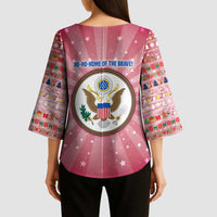 USA Christmas Kimono Sleeve Blouse with Bald Eagle Seal Pink Starburst Pattern and Festive Holiday Icons - Wonder Print Shop