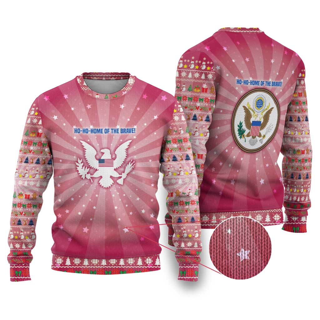 USA Christmas Ugly Christmas Sweater with Bald Eagle Seal Pink Starburst Pattern and Festive Holiday Icons - Wonder Print Shop