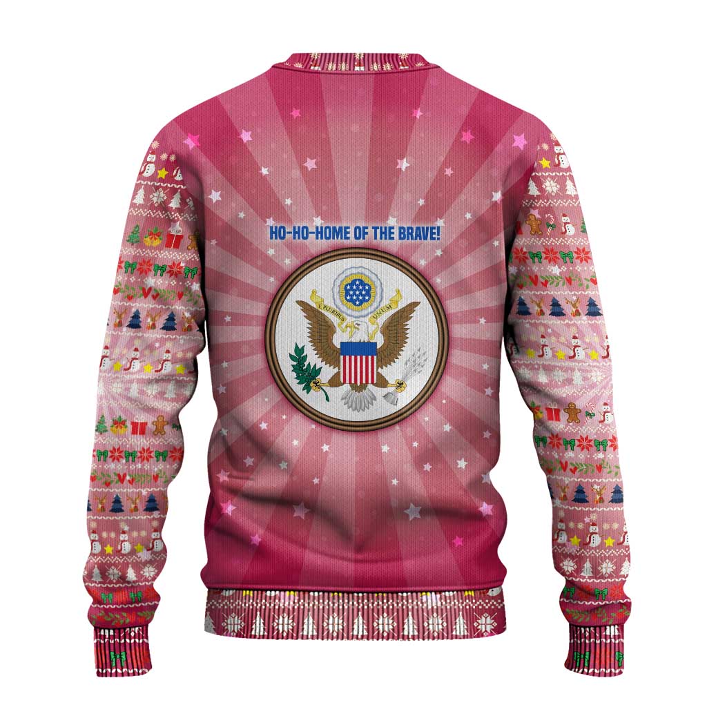 USA Christmas Ugly Christmas Sweater with Bald Eagle Seal Pink Starburst Pattern and Festive Holiday Icons - Wonder Print Shop