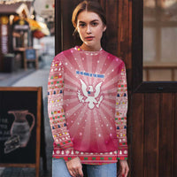 USA Christmas Ugly Christmas Sweater with Bald Eagle Seal Pink Starburst Pattern and Festive Holiday Icons - Wonder Print Shop