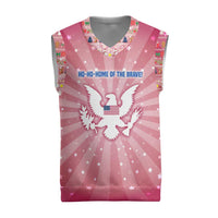 USA Christmas Knitted V-Neck Vest with Bald Eagle Seal Pink Starburst Pattern and Festive Holiday Icons - Wonder Print Shop