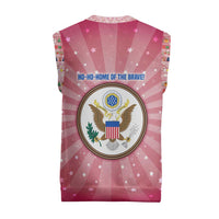 USA Christmas Knitted V-Neck Vest with Bald Eagle Seal Pink Starburst Pattern and Festive Holiday Icons - Wonder Print Shop