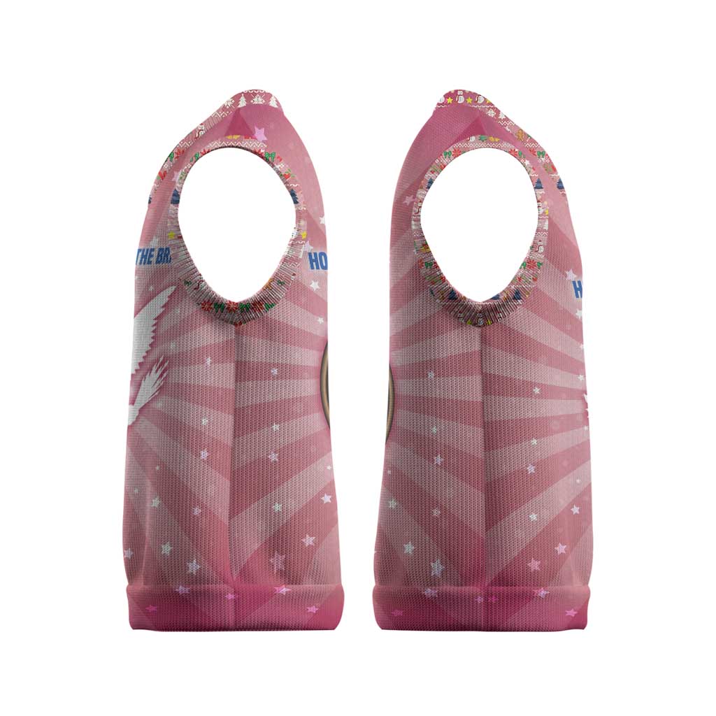 USA Christmas Knitted V-Neck Vest with Bald Eagle Seal Pink Starburst Pattern and Festive Holiday Icons - Wonder Print Shop