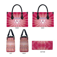 USA Christmas Leather Bag with Bald Eagle Seal Pink Starburst Pattern and Festive Holiday Icons - Wonder Print Shop