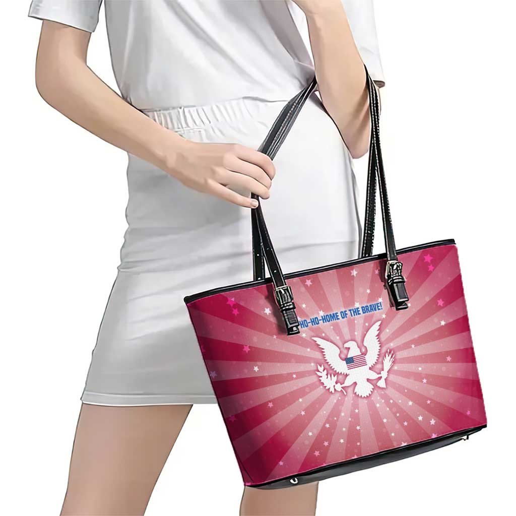 USA Christmas Leather Tote Bag with Bald Eagle Seal Pink Starburst Pattern and Festive Holiday Icons - Wonder Print Shop
