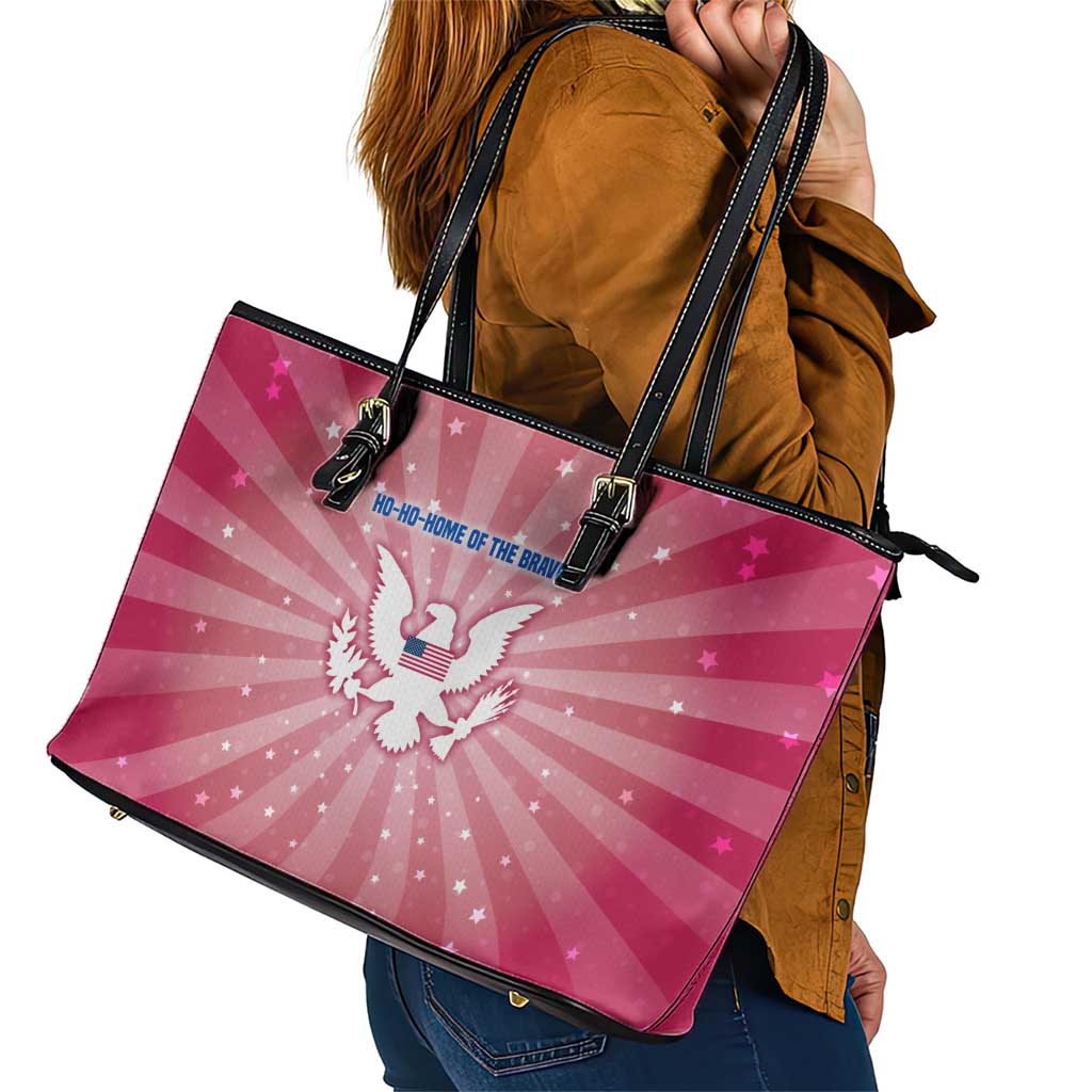 USA Christmas Leather Tote Bag with Bald Eagle Seal Pink Starburst Pattern and Festive Holiday Icons - Wonder Print Shop