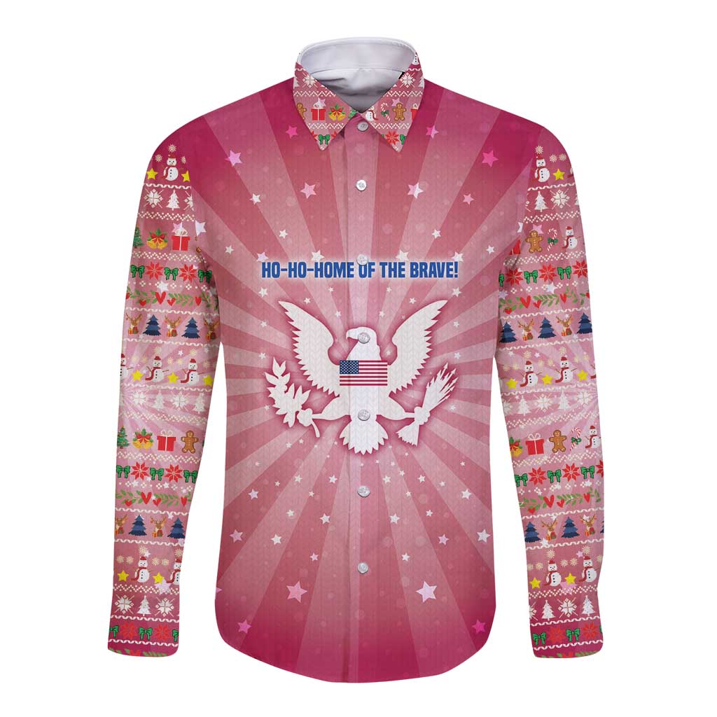 USA Christmas Long Sleeve Button Shirt with Bald Eagle Seal Pink Starburst Pattern and Festive Holiday Icons - Wonder Print Shop