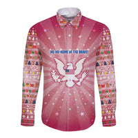 USA Christmas Long Sleeve Button Shirt with Bald Eagle Seal Pink Starburst Pattern and Festive Holiday Icons - Wonder Print Shop