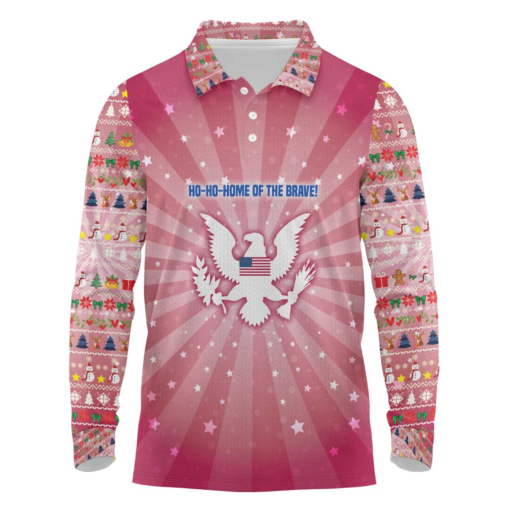USA Christmas Long Sleeve Polo Shirt with Bald Eagle Seal Pink Starburst Pattern and Festive Holiday Icons - Wonder Print Shop