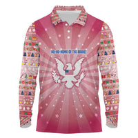 USA Christmas Long Sleeve Polo Shirt with Bald Eagle Seal Pink Starburst Pattern and Festive Holiday Icons - Wonder Print Shop