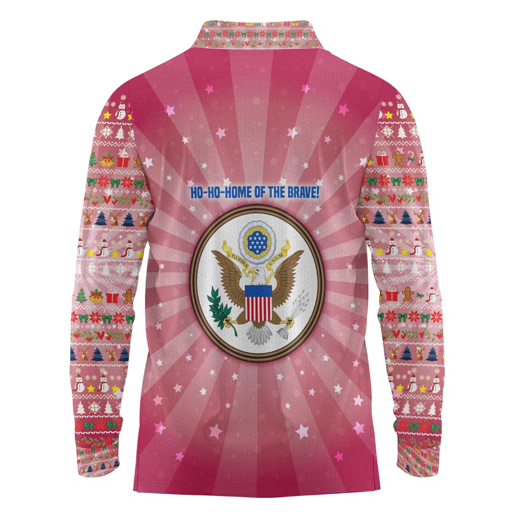 USA Christmas Long Sleeve Polo Shirt with Bald Eagle Seal Pink Starburst Pattern and Festive Holiday Icons - Wonder Print Shop