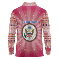 USA Christmas Long Sleeve Polo Shirt with Bald Eagle Seal Pink Starburst Pattern and Festive Holiday Icons - Wonder Print Shop