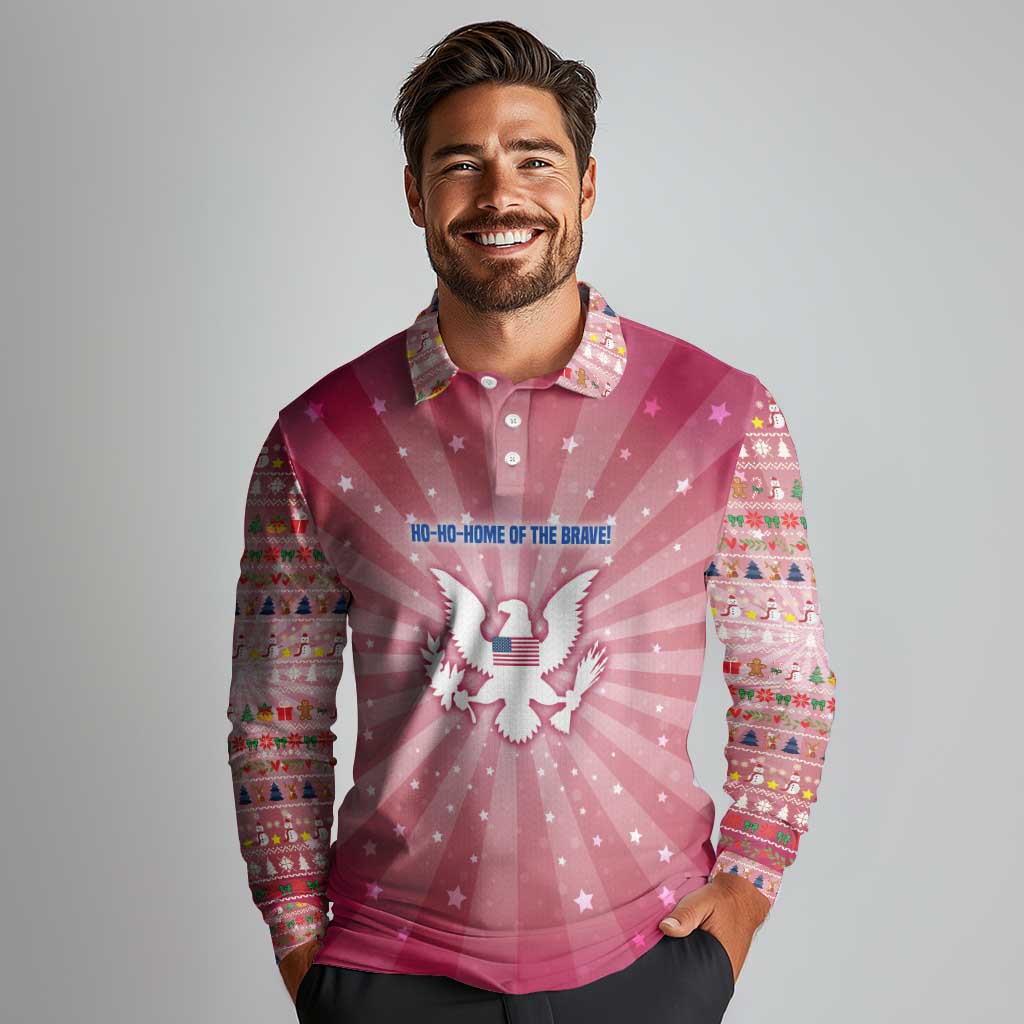 USA Christmas Long Sleeve Polo Shirt with Bald Eagle Seal Pink Starburst Pattern and Festive Holiday Icons - Wonder Print Shop