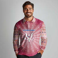 USA Christmas Long Sleeve Polo Shirt with Bald Eagle Seal Pink Starburst Pattern and Festive Holiday Icons - Wonder Print Shop