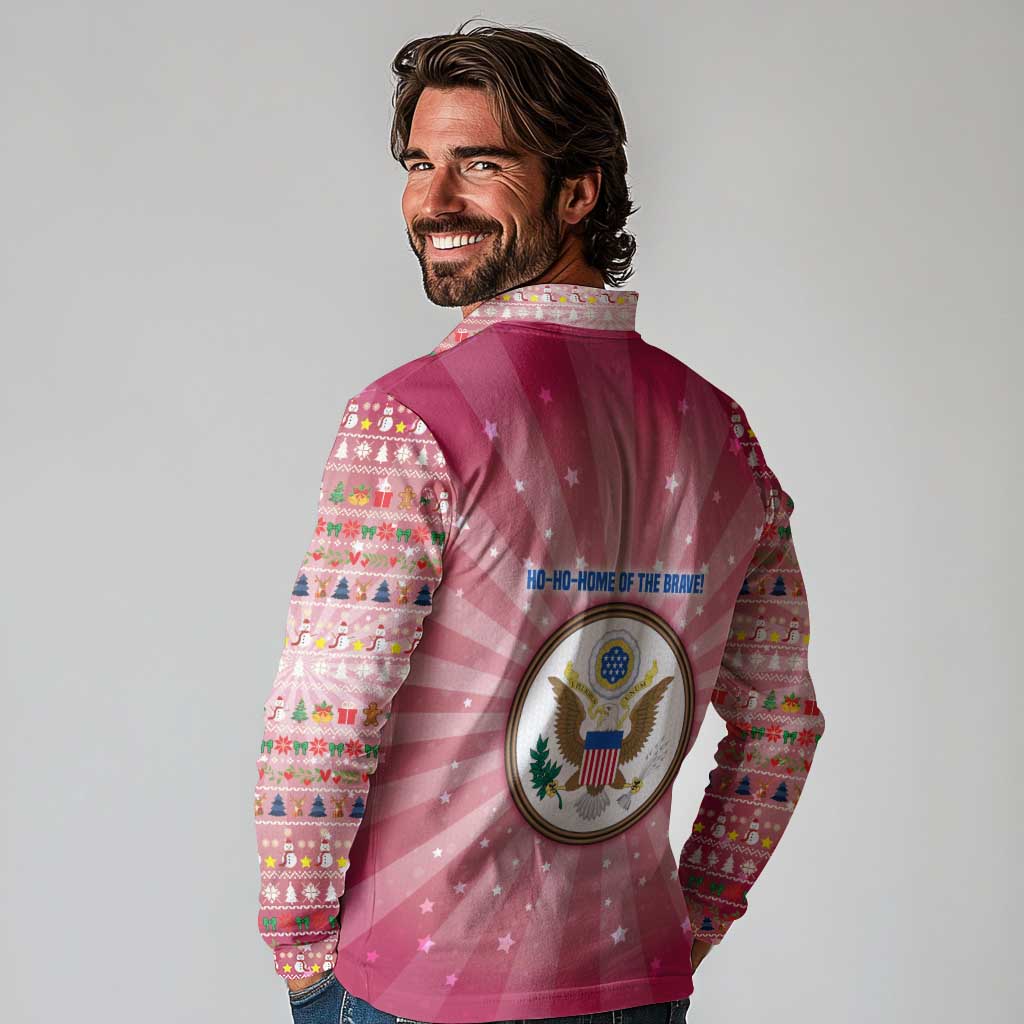 USA Christmas Long Sleeve Polo Shirt with Bald Eagle Seal Pink Starburst Pattern and Festive Holiday Icons - Wonder Print Shop