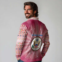 USA Christmas Long Sleeve Polo Shirt with Bald Eagle Seal Pink Starburst Pattern and Festive Holiday Icons - Wonder Print Shop
