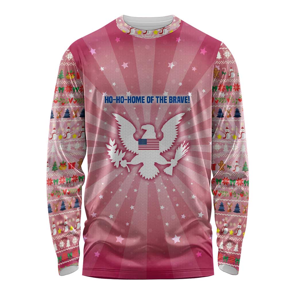 USA Christmas Long Sleeve Shirt with Bald Eagle Seal Pink Starburst Pattern and Festive Holiday Icons - Wonder Print Shop