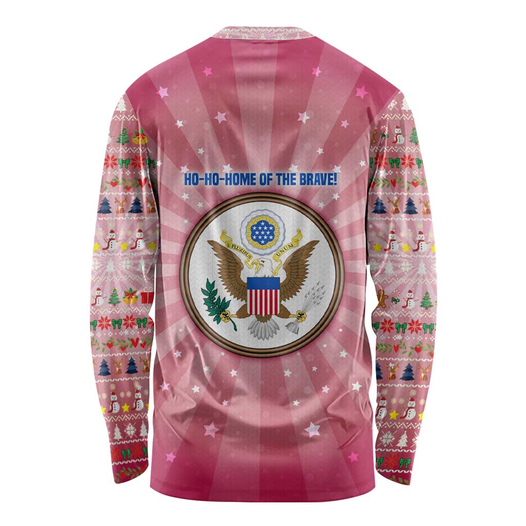 USA Christmas Long Sleeve Shirt with Bald Eagle Seal Pink Starburst Pattern and Festive Holiday Icons - Wonder Print Shop