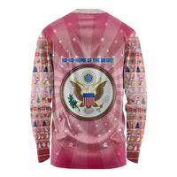 USA Christmas Long Sleeve Shirt with Bald Eagle Seal Pink Starburst Pattern and Festive Holiday Icons - Wonder Print Shop