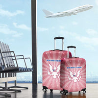 USA Christmas Luggage Cover with Bald Eagle Seal Pink Starburst Pattern and Festive Holiday Icons - Wonder Print Shop
