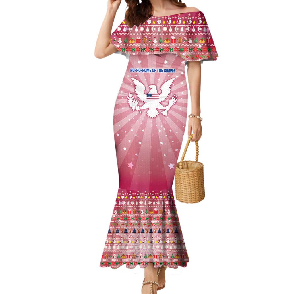 USA Christmas Mermaid Dress with Bald Eagle Seal Pink Starburst Pattern and Festive Holiday Icons - Wonder Print Shop