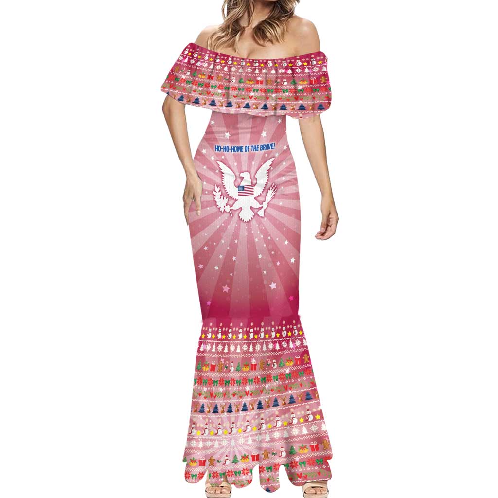 USA Christmas Mermaid Dress with Bald Eagle Seal Pink Starburst Pattern and Festive Holiday Icons - Wonder Print Shop