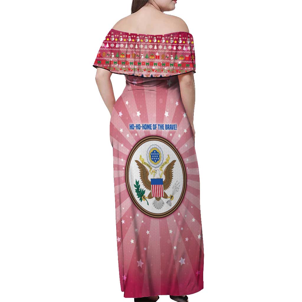 USA Christmas Off Shoulder Maxi Dress with Bald Eagle Seal Pink Starburst Pattern and Festive Holiday Icons - Wonder Print Shop