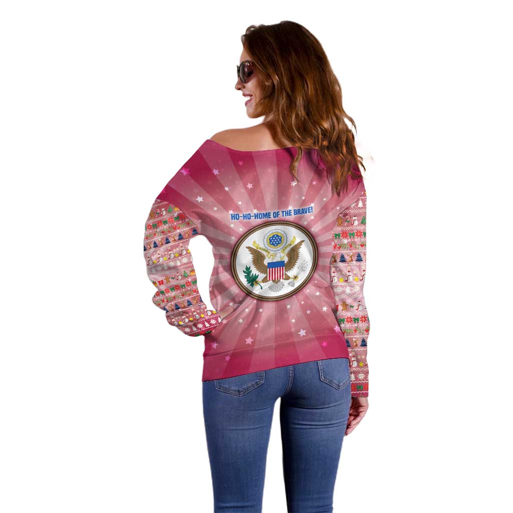 USA Christmas Off Shoulder Sweater with Bald Eagle Seal Pink Starburst Pattern and Festive Holiday Icons - Wonder Print Shop