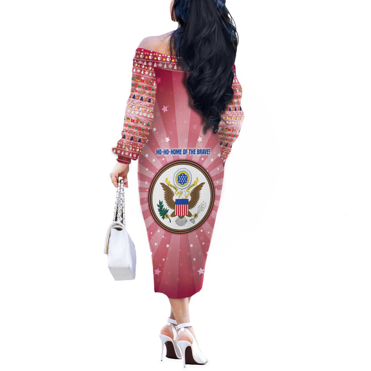USA Christmas Off The Shoulder Long Sleeve Dress with Bald Eagle Seal Pink Starburst Pattern and Festive Holiday Icons - Wonder Print Shop