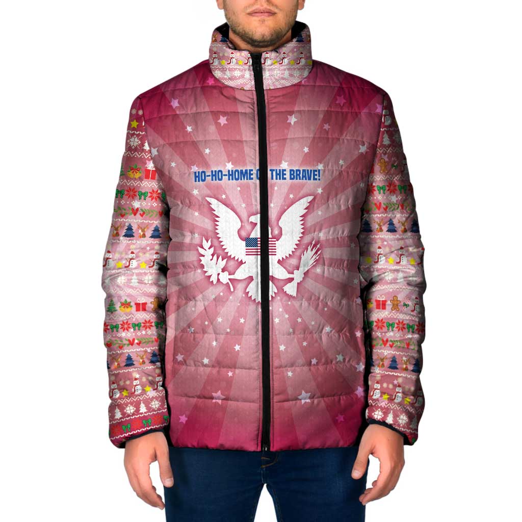 USA Christmas Padded Jacket with Bald Eagle Seal Pink Starburst Pattern and Festive Holiday Icons - Wonder Print Shop