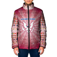 USA Christmas Padded Jacket with Bald Eagle Seal Pink Starburst Pattern and Festive Holiday Icons - Wonder Print Shop