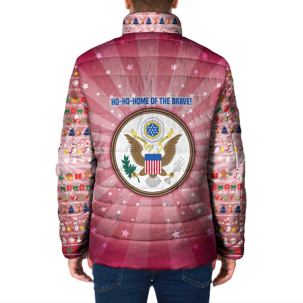 USA Christmas Padded Jacket with Bald Eagle Seal Pink Starburst Pattern and Festive Holiday Icons - Wonder Print Shop