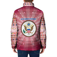 USA Christmas Padded Jacket with Bald Eagle Seal Pink Starburst Pattern and Festive Holiday Icons - Wonder Print Shop